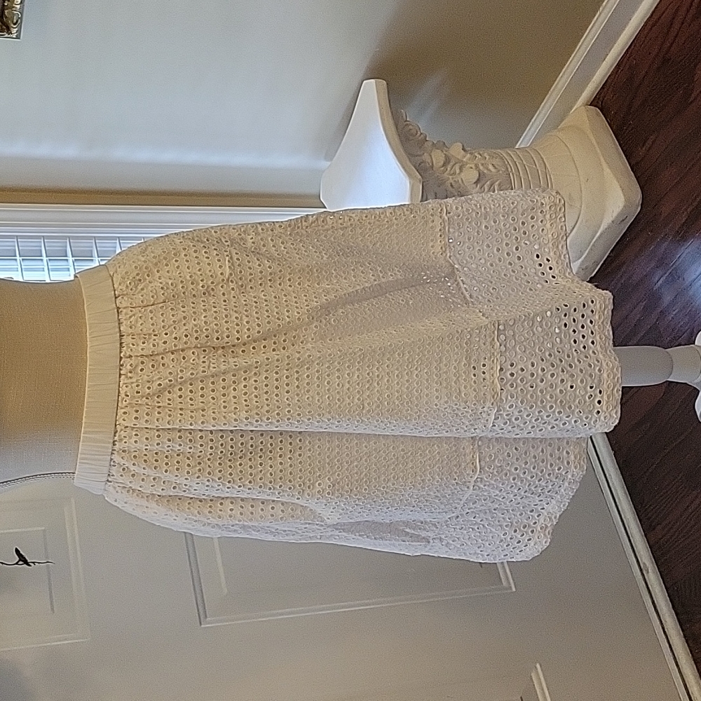 J Crew white eyelet lace 100% cotton skirt elastic waist 2 pockets Lined…4P Euc